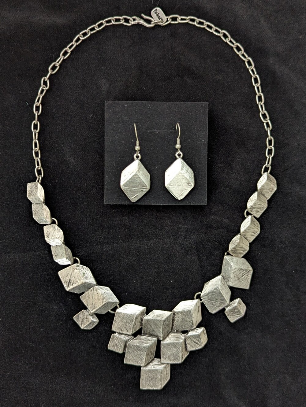 Silver Tone Geometric Statement Necklace & Earrings Set Chunky
